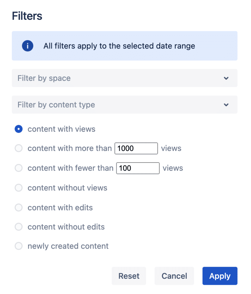Content & Usage Report filter options (filter by space, content type, with or without views, with or witout edits, newly created content etc)