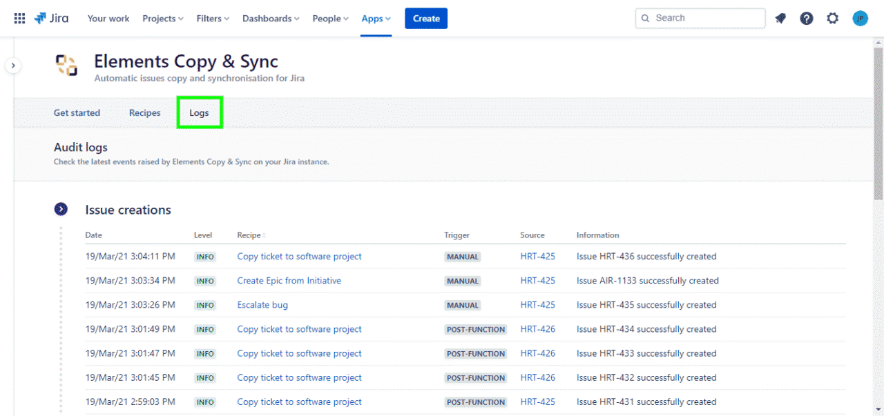 audit logs - fix jira clone issue