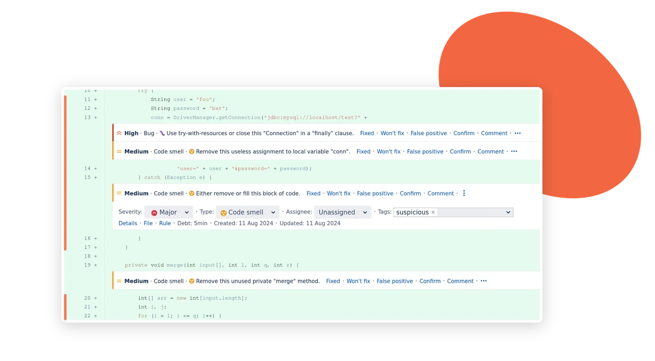 Bitbucket pull request diff with inline SonarQube bugs and code smells, showing severity, type and resolution options