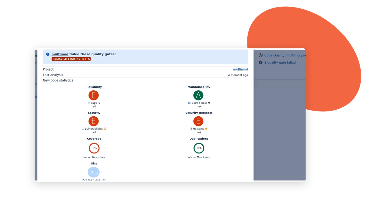 SonarQube project statistics in Bitbucket showing a failed quality gate with reliability, security, maintainability and coverage ratings