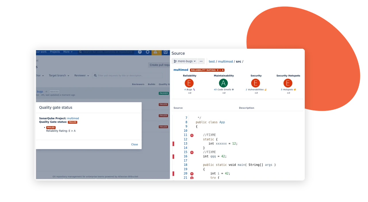 Bitbucket pull request list with quality gate status, next to source code annotated with SonarQube ratings and issue markers