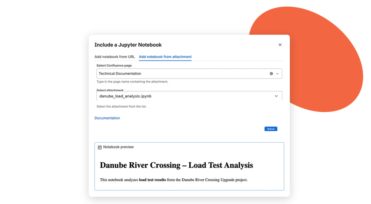 Jupyter Notebook with text, objectives and Python code cells rendered in a Confluence page