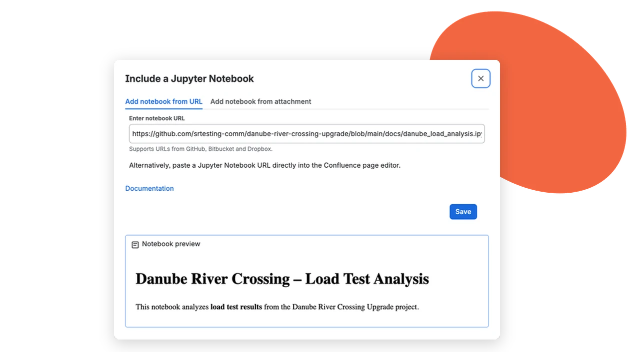 Include a Jupyter Notebook dialog in Confluence, adding a notebook from a GitHub URL with live preview