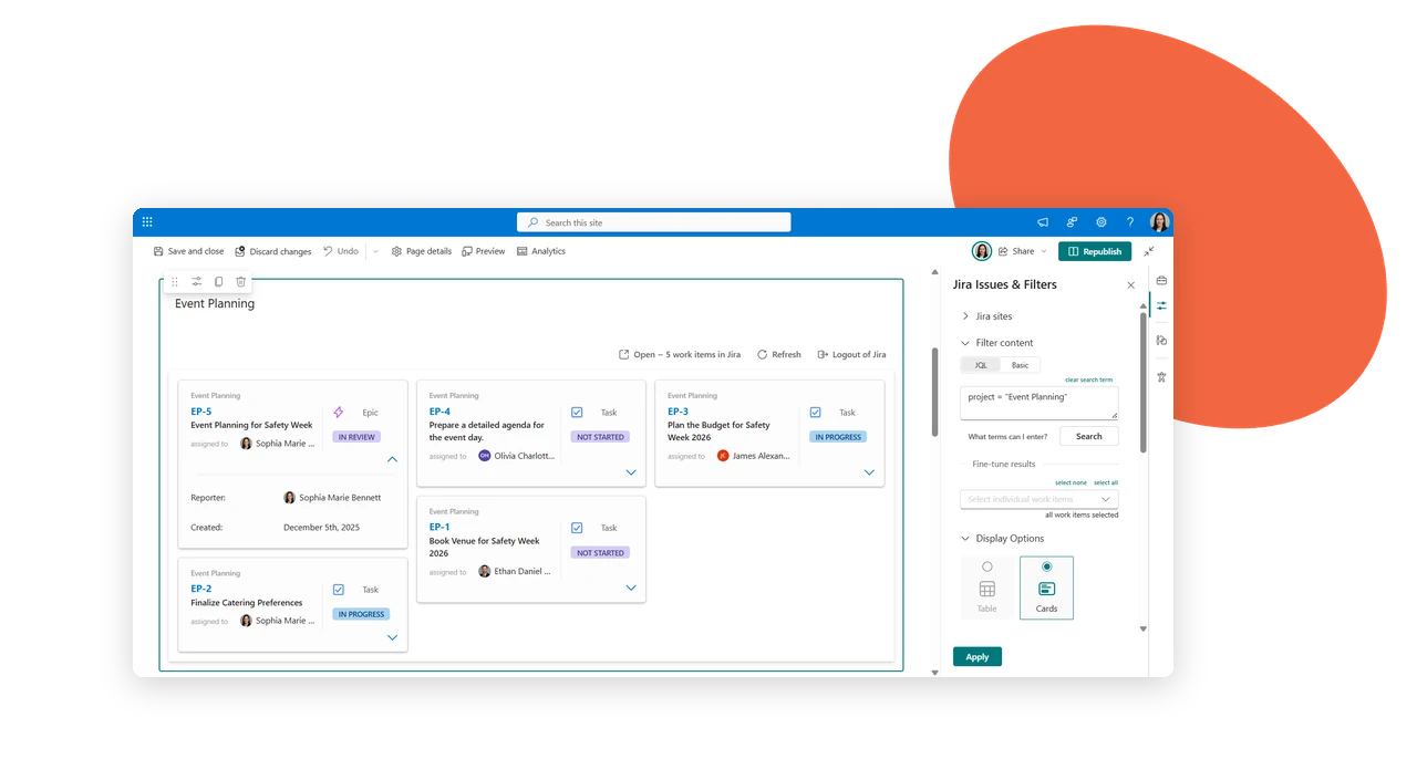 Jira work items shown as cards on a SharePoint page, filtered by JQL in the Jira Issues & Filters panel
