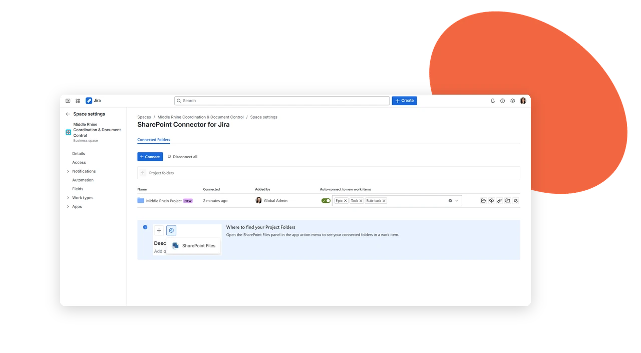 SharePoint Connector space settings in Jira, connecting a SharePoint project folder with auto-connect to new work items