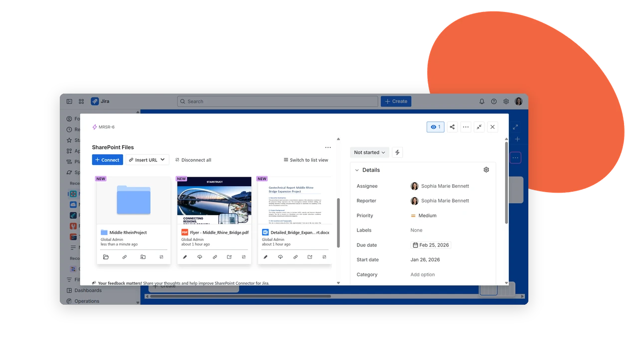 SharePoint files and folders connected to a Jira work item, with previews and file actions