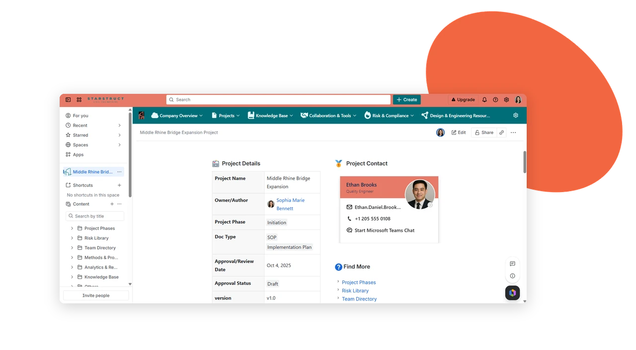 Contact person macro in Confluence showing a profile card with email, phone and Microsoft Teams chat link