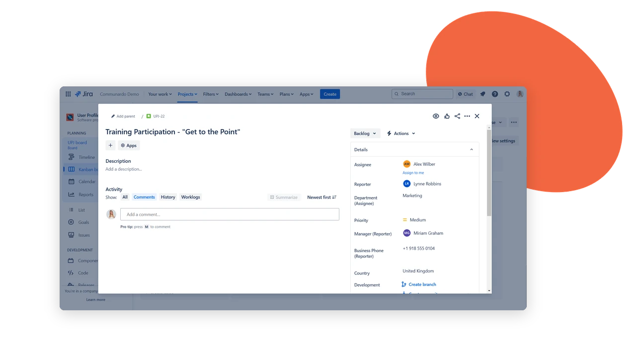 Jira work item showing Microsoft profile attributes such as department, manager, business phone and country