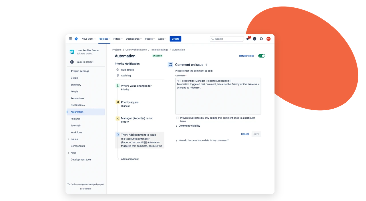 Jira automation rule that mentions the reporter’s Microsoft manager in a comment when a work item’s priority changes to Highest