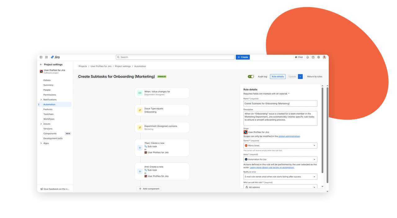 Jira automation rule that creates onboarding sub-tasks when the assignee’s Microsoft department is Marketing