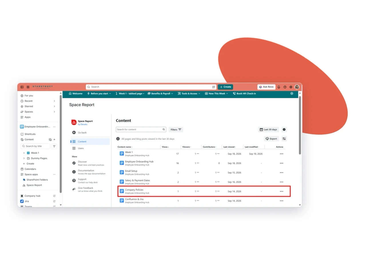 Viewtracker space report for the onboarding space in Confluence, showing how often new hires opened each page.