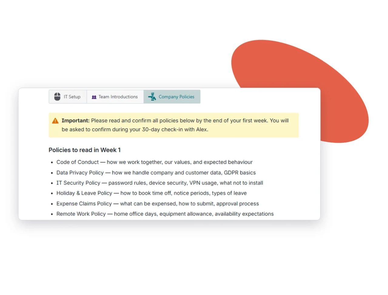 Week 1 onboarding page in Confluence with Navitabs tabs, showing the Company Policies tab with a short policy summary.