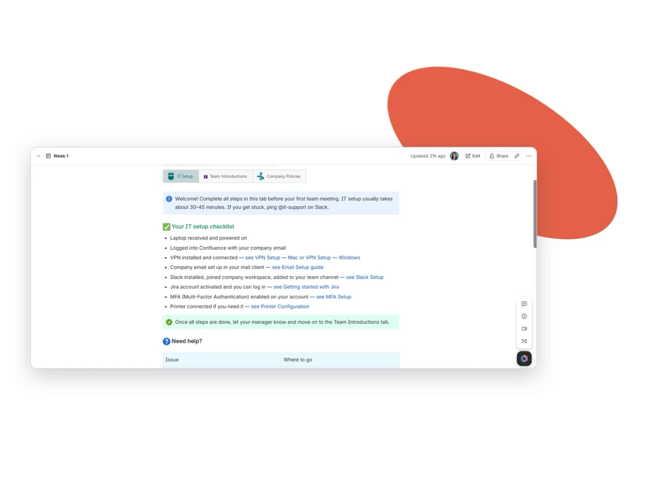 Week 1 onboarding page in Confluence with Navitabs tabs, showing the IT Setup tab open.