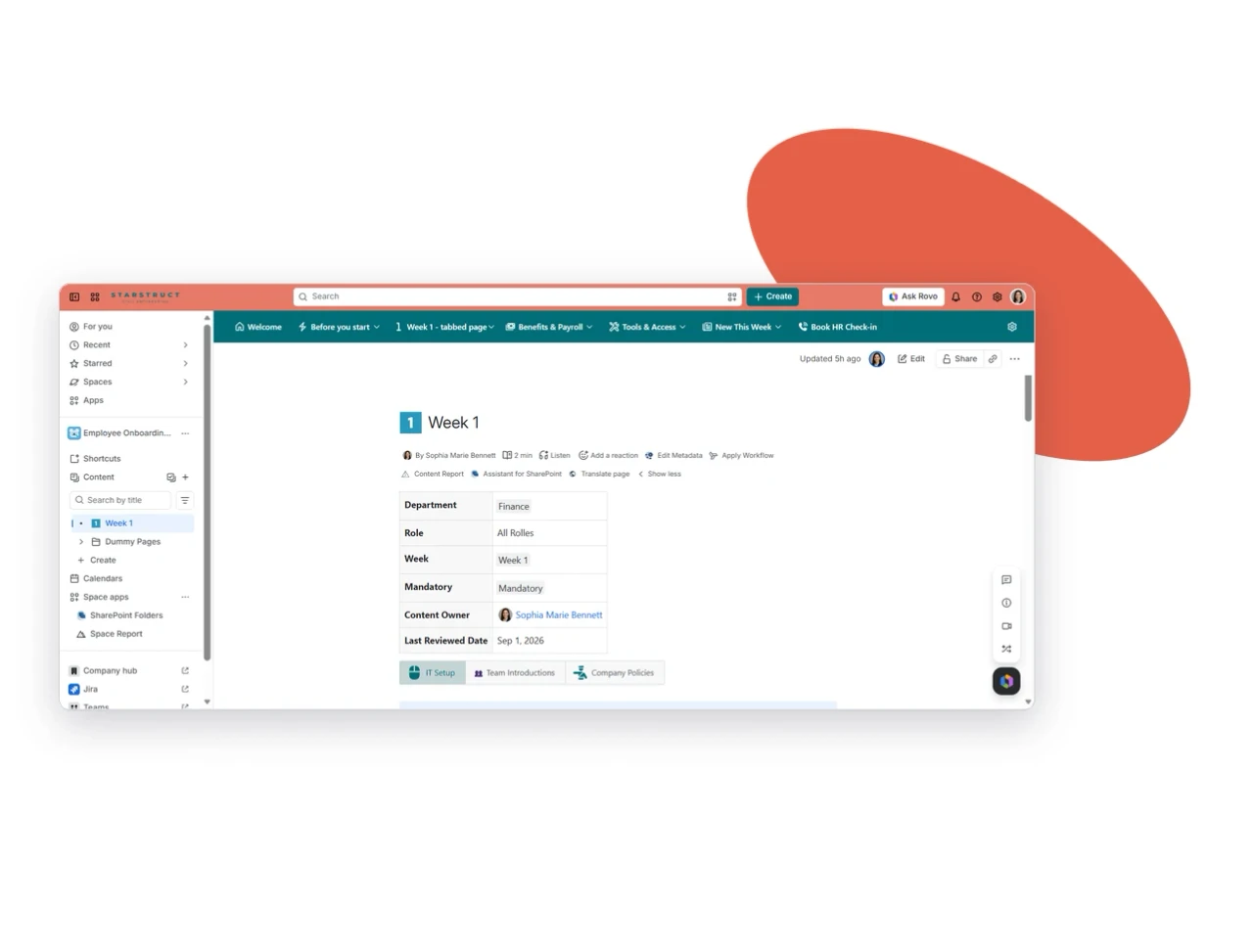 Confluence onboarding page tagged with Metadata for Confluence fields: department, role, week number and mandatory/optional.