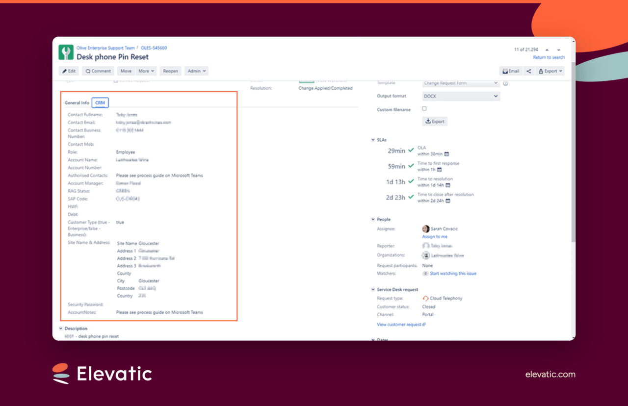 How does Elements Connect display CRM data inside a Jira work item?