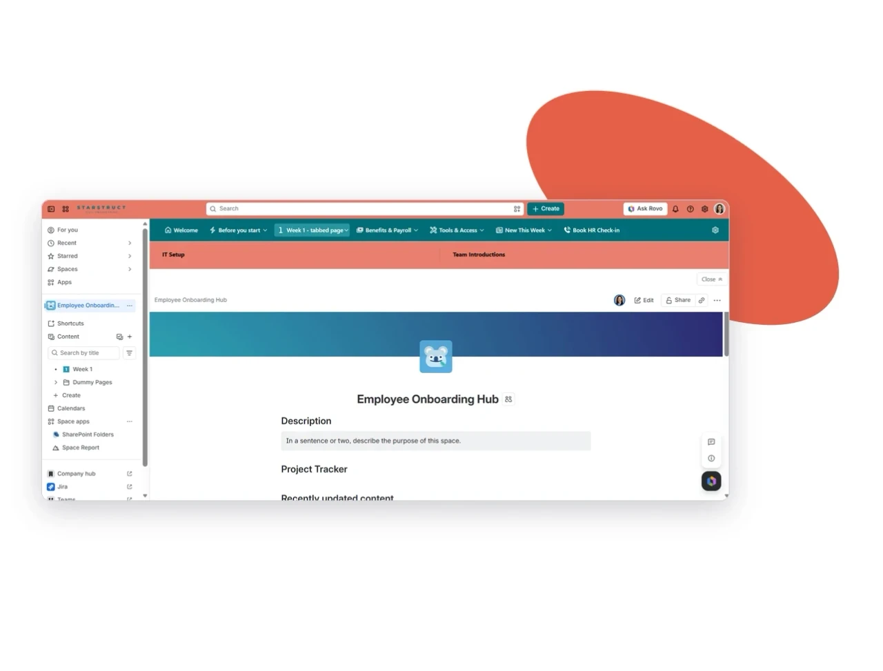 Confluence onboarding space with a SubSpace Navigation menu: Before You Start, Week 1, Benefits & Payroll, Tools & Access.