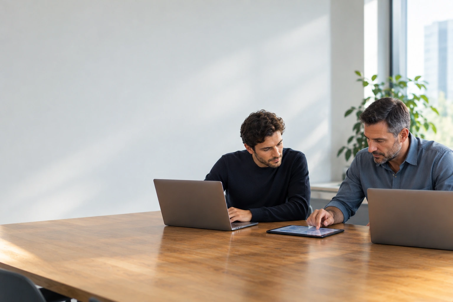 Colleague working on a laptop at a shared table with a teammate nearby