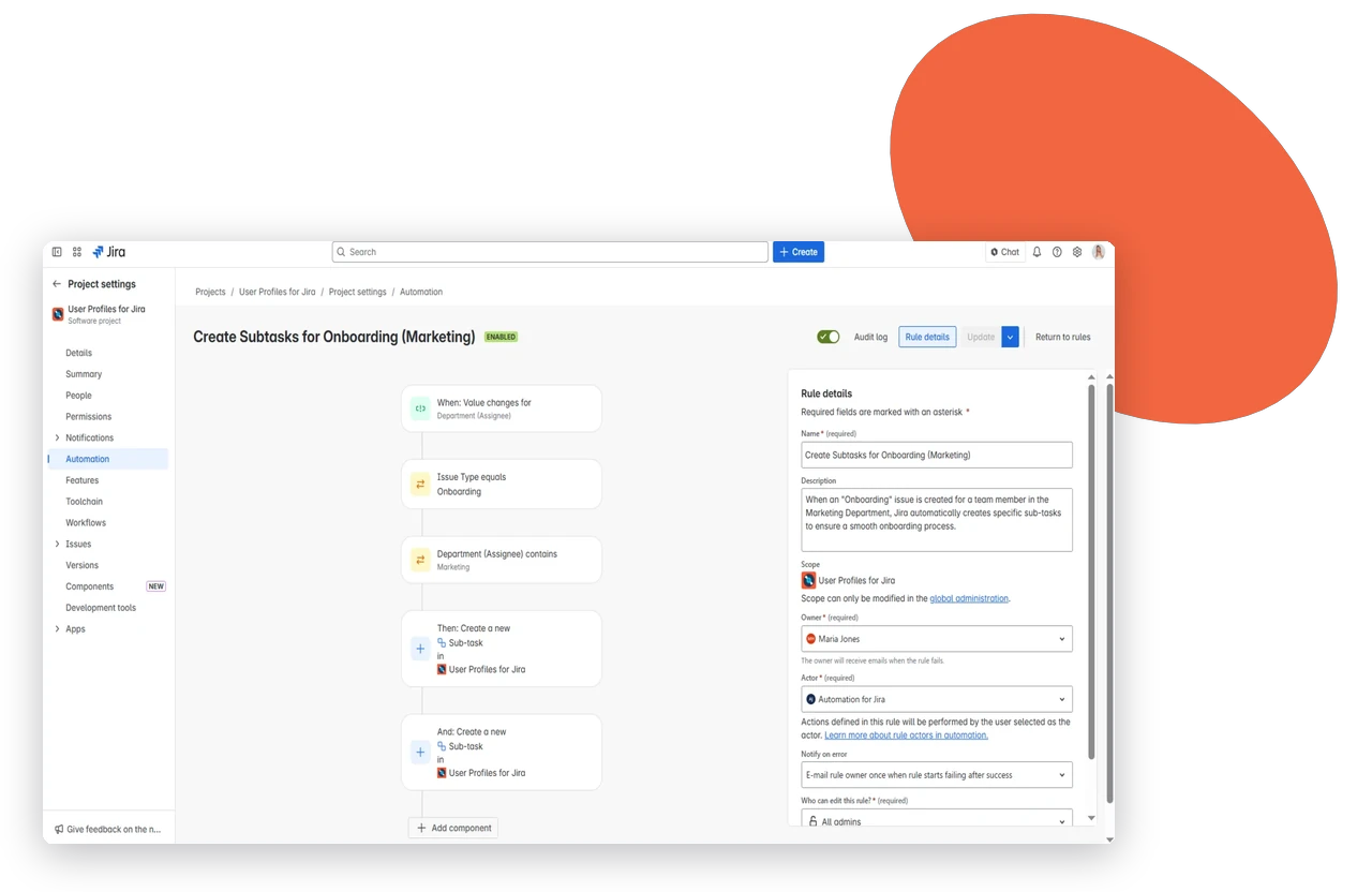 Jira automation rule that uses the assignee’s department from User Profiles to create onboarding subtasks