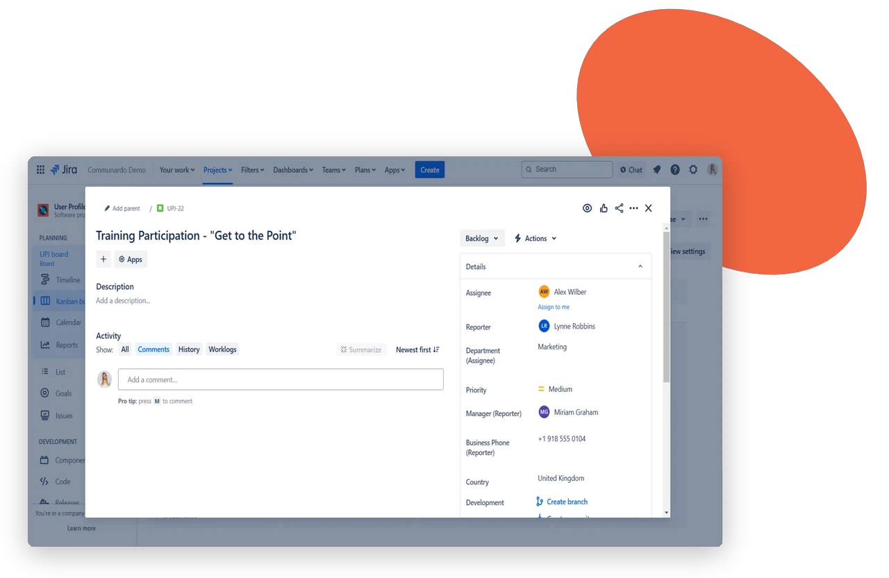 Jira issue showing User Profiles fields such as department, manager, business phone and country